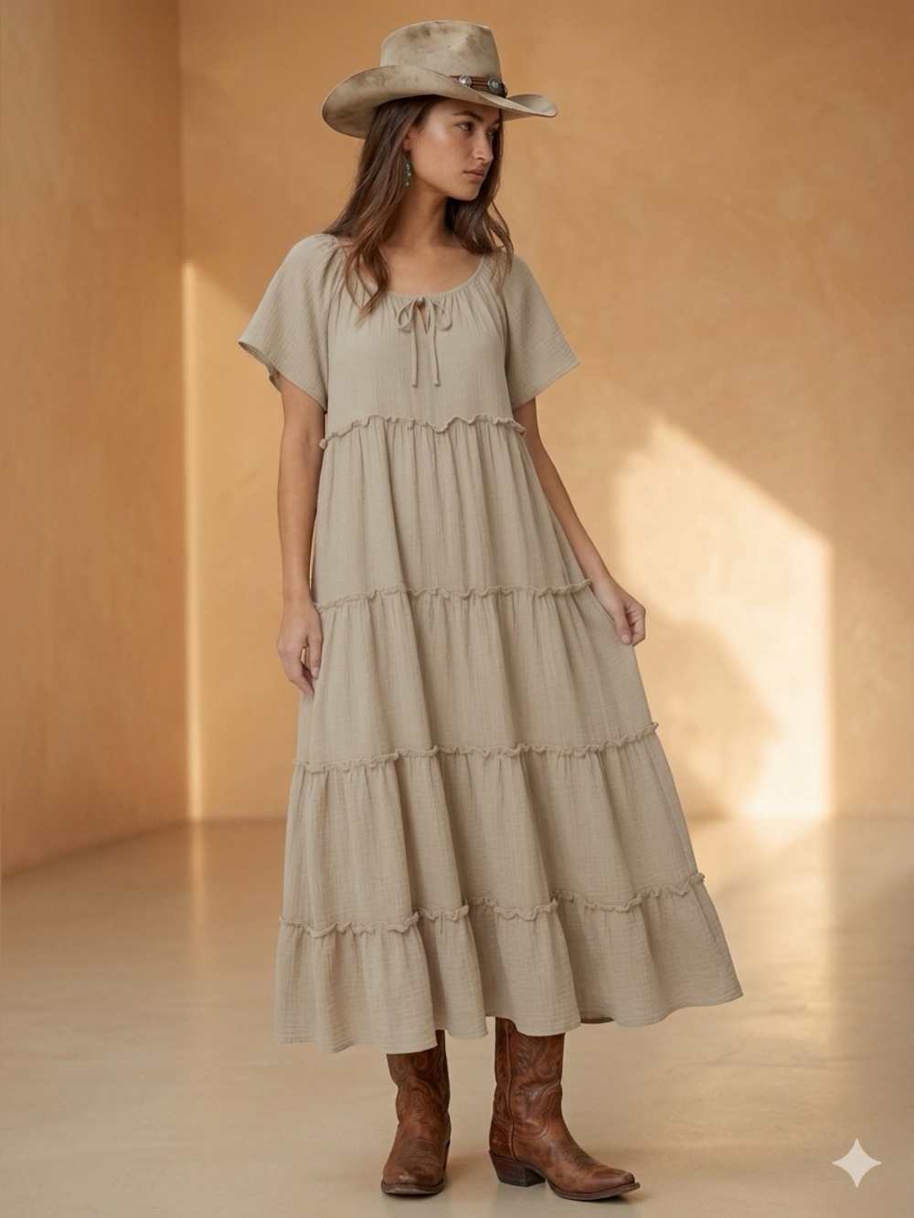 Easel Los Angeles Tiered Ruffle Maxi Dress - Beige/Taupe, Size M NWT